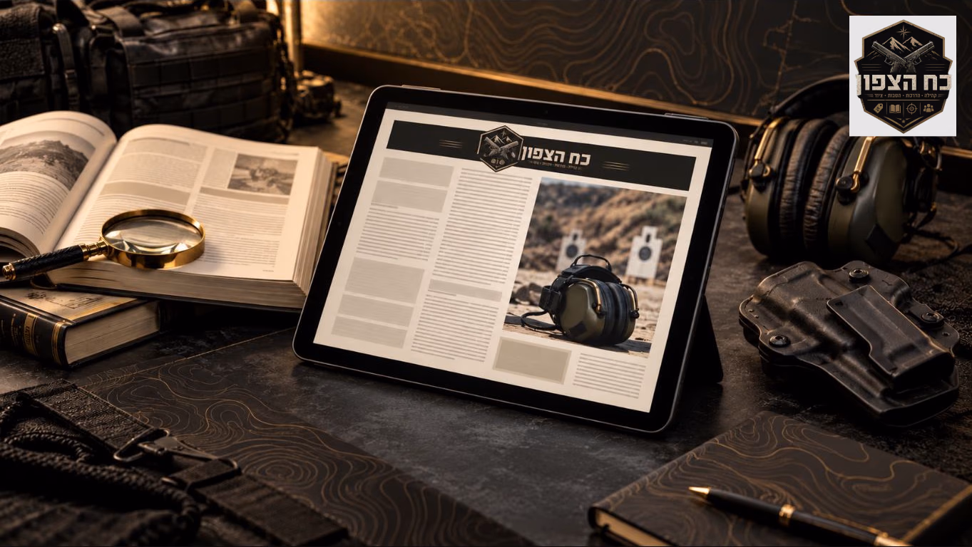 טאבלט עם עמוד תוכן להמחשה, ספר עיון וציוד בטיחות על שולחן עבודה כהה. מיתוג כוח הצפון משולב במסך.